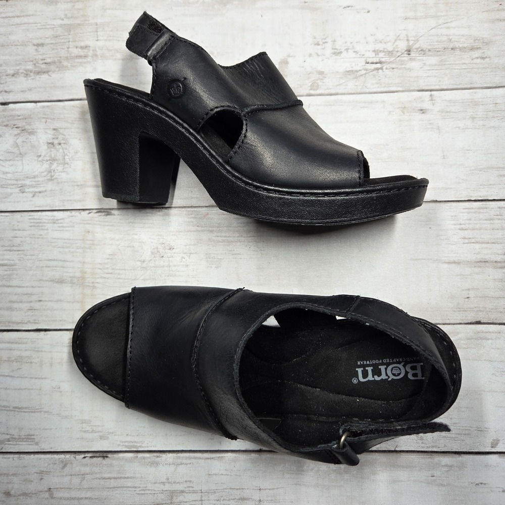 Born F65303 Slingback Platform Sandals Women 8 Black Leather Block Heel Open Toe